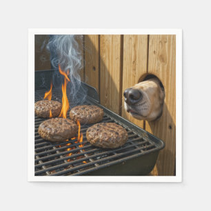 Dog Sniffing Hamburgers On a Barbecue Grill Napkin