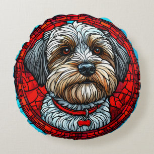 Dog Stained Glass Art Round Pillow