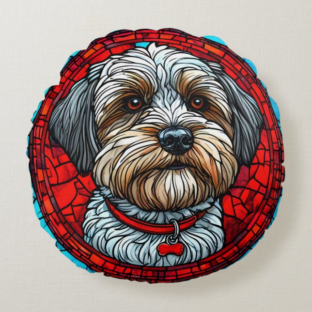 Dog Stained Glass Art Round Pillow (Front)