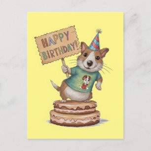 Dog standing on cake holding happy birthday sign postcard