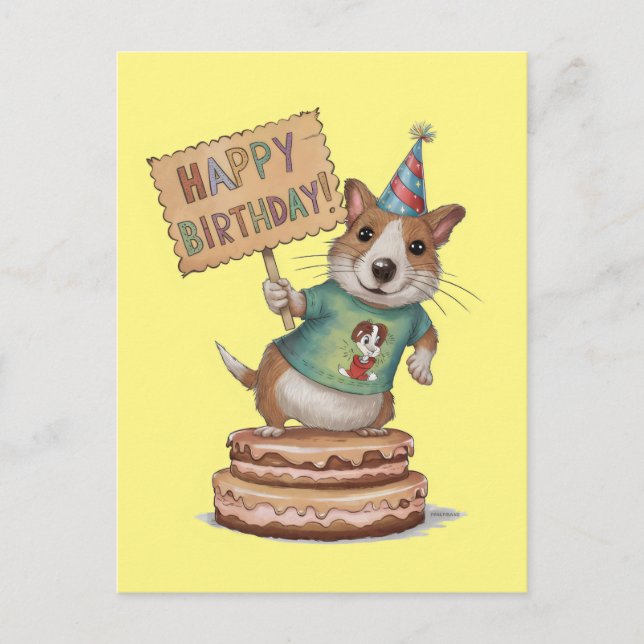 Dog standing on cake holding happy birthday sign postcard (Front)