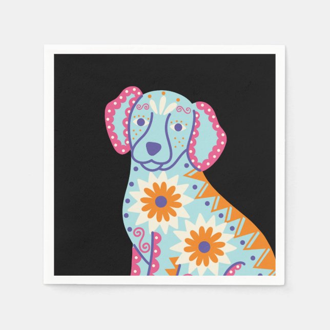 Dog Sugar Skull Day of the Dead Black Napkins (Front)