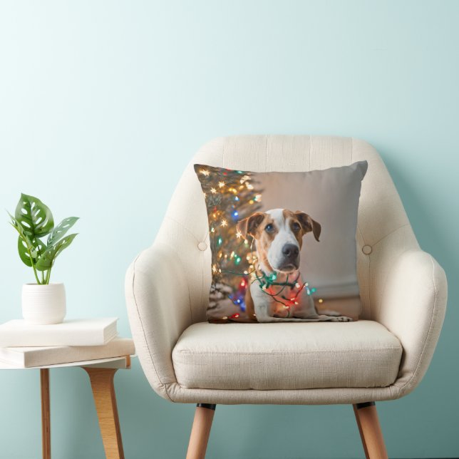 Dog Tangled In Holiday Lights Throw Pillow (Chair)