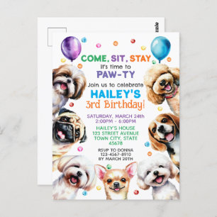 Dog Theme 3rd Birthday Party Invitation Postcard