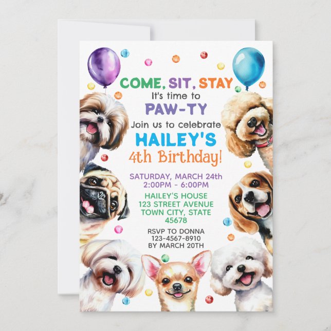 Dog Theme 4th Birthday Party Invitation (Front)