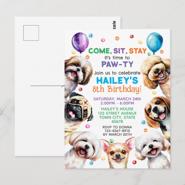 Dog Theme 8th Birthday Party Invitation Postcard (Front/Back)