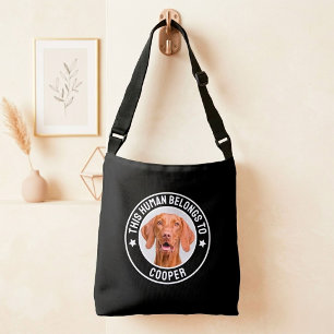 Dog Themed "This Human Belongs To" Pet Photo Black Crossbody Bag