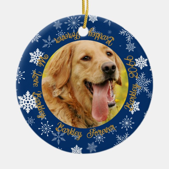 Dog Then and Now 2 Photo Blue Snowflake  Ceramic Ornament (Front)