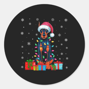 Dog Ugly Xmas Lights Santa Doberman Pinscher Dog C Classic Round Sticker