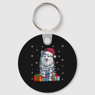 Dog Ugly Xmas Lights Santa Hat American Eskimo Dog Keychain