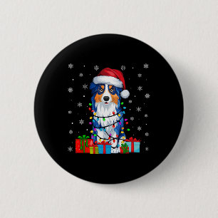 Dog Ugly Xmas Lights Santa Hat Australian Shepherd 2 Inch Round Button