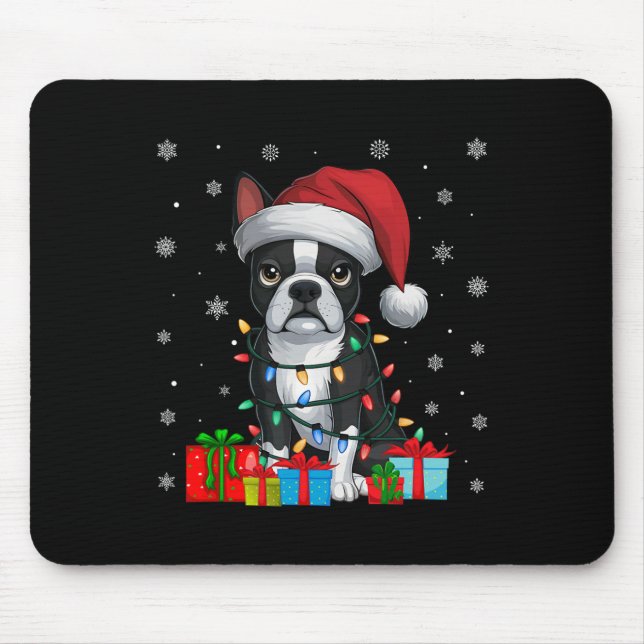 Dog Ugly Xmas Lights Santa Hat Boston Terrier Chri Mouse Pad (Front)