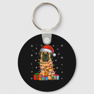 Dog Ugly Xmas Lights Santa Hat English Mastiff Dog Keychain