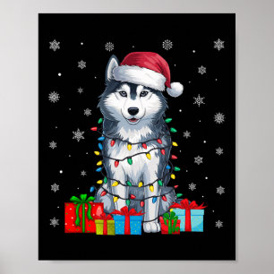 Dog Ugly Xmas Lights Santa Hat Siberian Husky Dog Poster