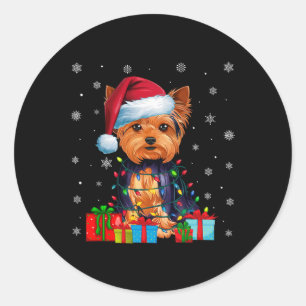 Dog Ugly Xmas Lights Santa Hat Yorkshire Terrier C Classic Round Sticker