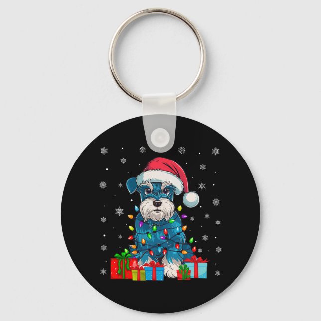 Dog Ugly Xmas Lights Santa Miniature Schnauzer Dog Keychain (Front)