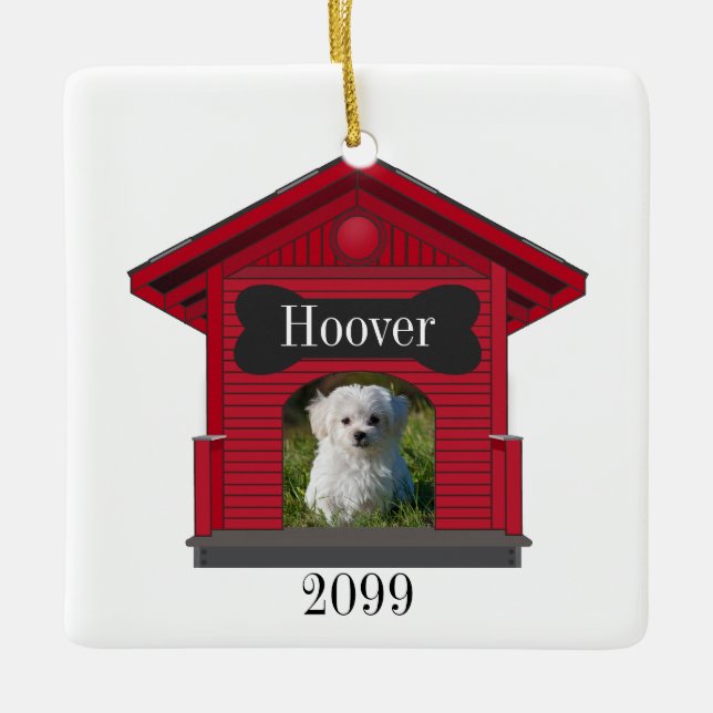 Dog Upload Photo Dog House w Bone Christmas Cerami Ceramic Ornament (Front)