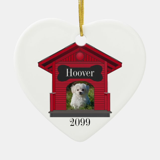 Dog Upload Photo Dog House w Bone Heart Christmas  Ceramic Ornament (Front)