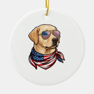 Dog Usa Flag Sunglasses Bandana Ceramic Ornament