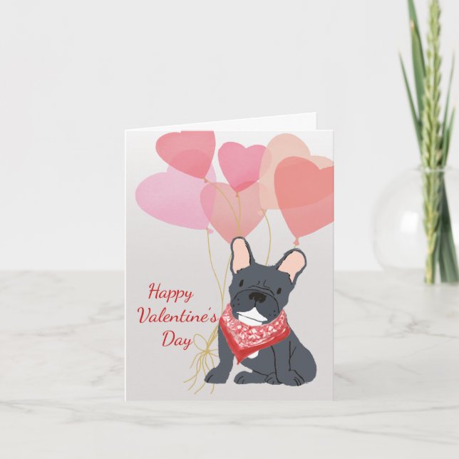 Dog Valentine Card From French Bulldog  Balloons (Front)