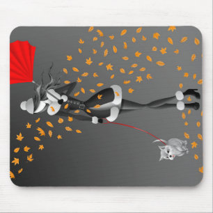 Dog Walker Autumn Leaves Black Mouse Pad