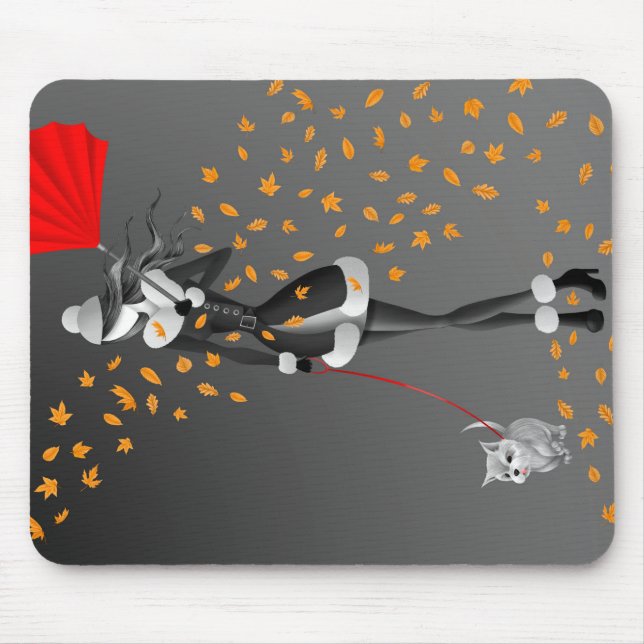 Dog Walker Autumn Leaves  Black  Mouse Pad (Front)
