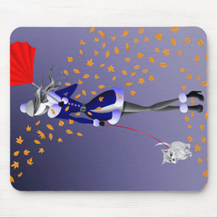 Dog Walker Autumn Leaves Blue Mouse Pad