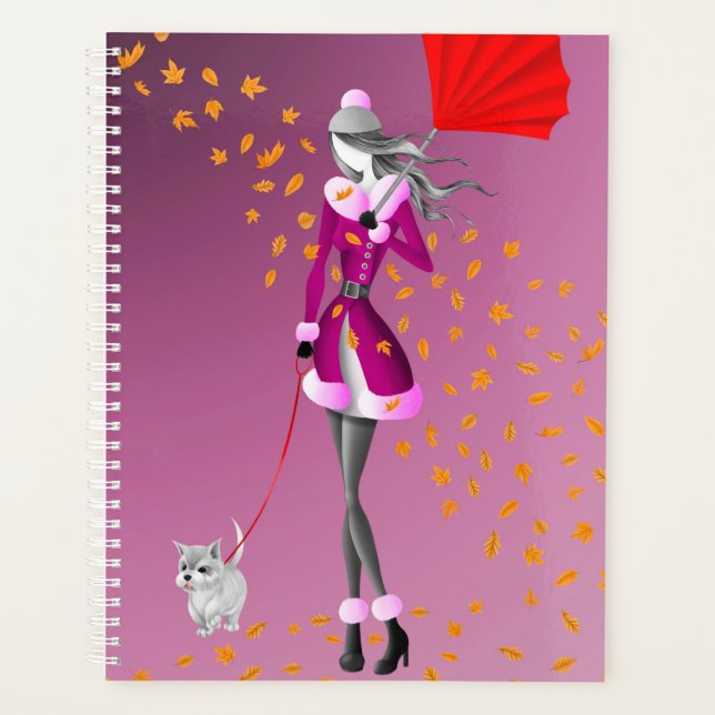 Dog Walker Autumn Leaves Pink Planner (Front)
