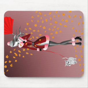 Dog Walker Autumn Leaves Red Mouse Pad