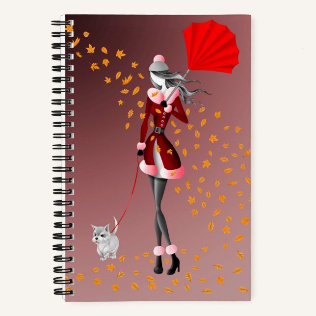 Dog Walker Autumn Leaves  red Notebook (Front)