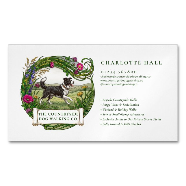 Dog Walker Border Collie Magnetic Business Card (Front)