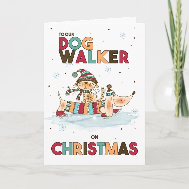 Dog Walker on Christmas Wiener Dog and Cat Holiday Card (Front)