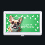 Dog Walker Paw Prints Business Card Holder<br><div class="desc">This business card holder,  personalized with your name,  features a cute French Bulldog on bright green with a white paw print border. Fun as a gift or a great way to carry your own business cards.</div>
