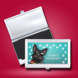 Dog Walker Paw Prints Business Card Holder<br><div class="desc">This business card holder,  personalized with your name,  features a cute black miniature schnauzer on bright turquoise with a white paw print border. Fun as a gift or a great way to carry your own business cards.</div>