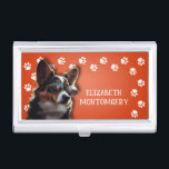 Dog Walker Paw Prints Business Card Holder<br><div class="desc">This business card holder,  personalized with your name,  features a cute terrier puppy on bright orange with a white paw print border. Fun as a gift or a great way to carry your own business cards.</div>