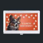 Dog Walker Paw Prints Business Card Holder<br><div class="desc">This business card holder,  personalized with your name,  features a cute terrier puppy on bright orange with a white paw print border. Fun as a gift or a great way to carry your own business cards.</div>
