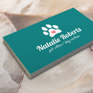 Dog Walker Pet Sitter Cute Paw Heart Teal Business Card