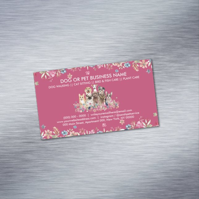 Dog Walker Petsitter Flower Veterinary Drawing Magnetic Business Card (In Situ)