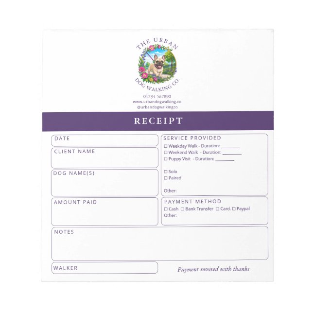 Dog Walker Receipt Pad - French Bulldog (Front)