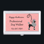 Dog Walking Modern 50s Retro Poodle Pet Walker Business Card Holder<br><div class="desc">These pretty, mid-century modern 1950s style business card holders are perfect for a dog walker, groomer, dog sitter, or anyone involved in pet services. The design has a pink polka-dot pattern with a poodle skirt theme. The poodle dog is black with dots and a black striped leash. All text can...</div>