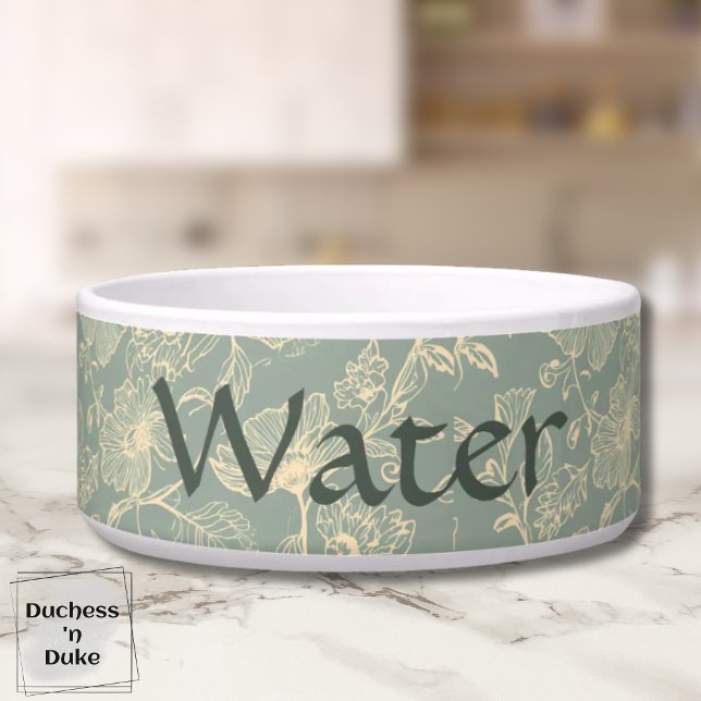 Dog Water Bowl - Sage Green Botanical, Name  (Personalized Sage Green Botanical Water Pet Bowl on marble table top)
