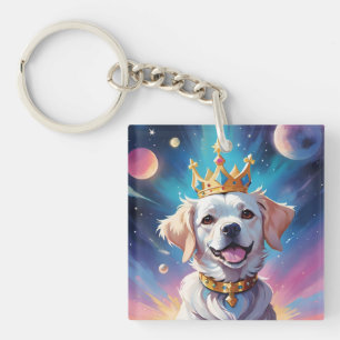 Dog wearing a crown in space keychain
