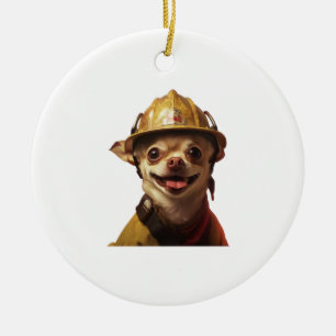 Dog wearing a red fireman helmet design ceramic ornament