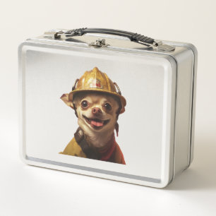 Dog wearing a red fireman helmet design metal lunch box