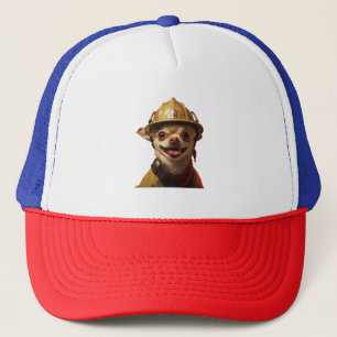 Dog wearing a red fireman helmet design trucker hat