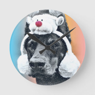Dog wearing a Reindeer Hat Round Clock