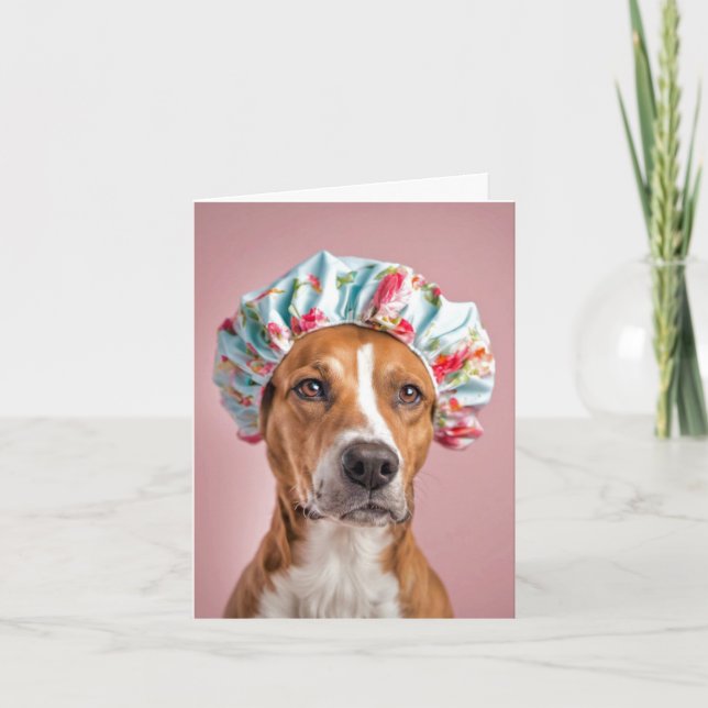 Dog Wearing a Shower Cap  Note Card (Front)