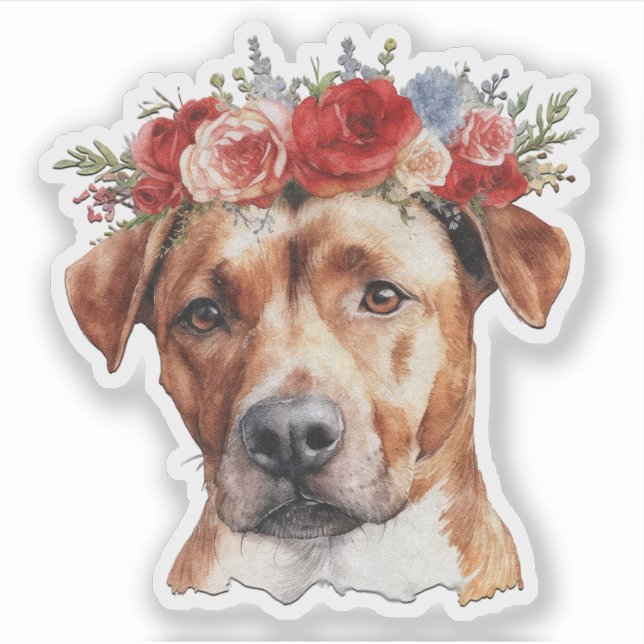 Dog Wearing Flowers on its Head Valentine Sticker (Front)