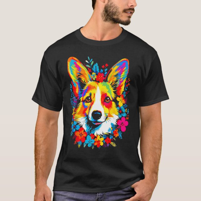 Dog Welsh Corgi Flowers Peace T-Shirt (Front)