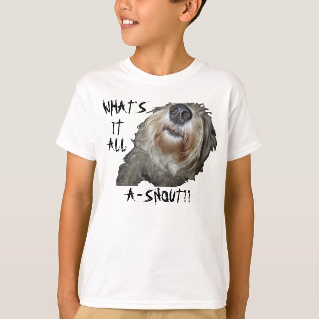Dog "WHAT'S IT ALL A-SNOUT??" Kids Basic Tee (Front)